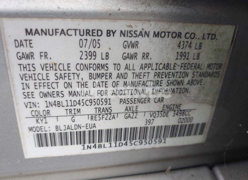 Photo 9 of 2005 Nissan Altima 3.5 SL (VIN 1N4BL11D45C950591)