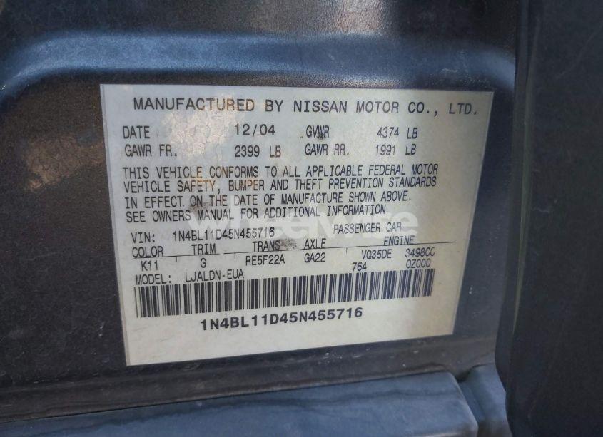 Photo 9 of 2005 Nissan Altima 3.5 SL (VIN 1N4BL11D45N455716)