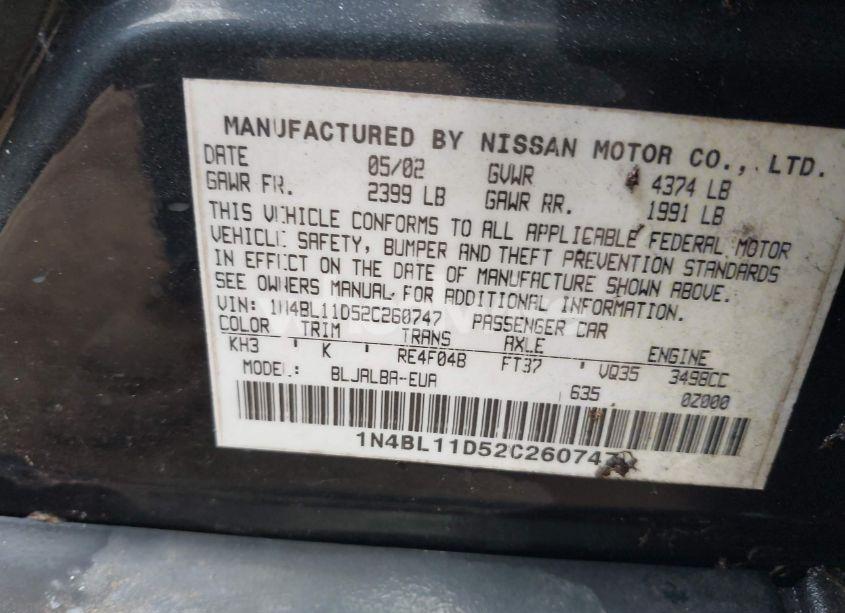 Photo 9 of 2002 Nissan Altima 3.5 SE (VIN 1N4BL11D52C260747)