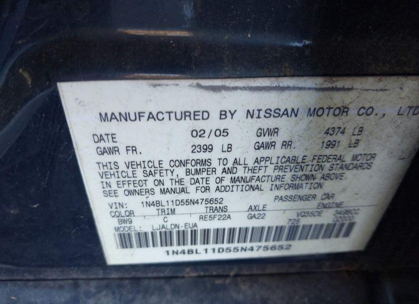 Photo 9 of 2005 Nissan Altima 3.5 SL (VIN 1N4BL11D55N475652)