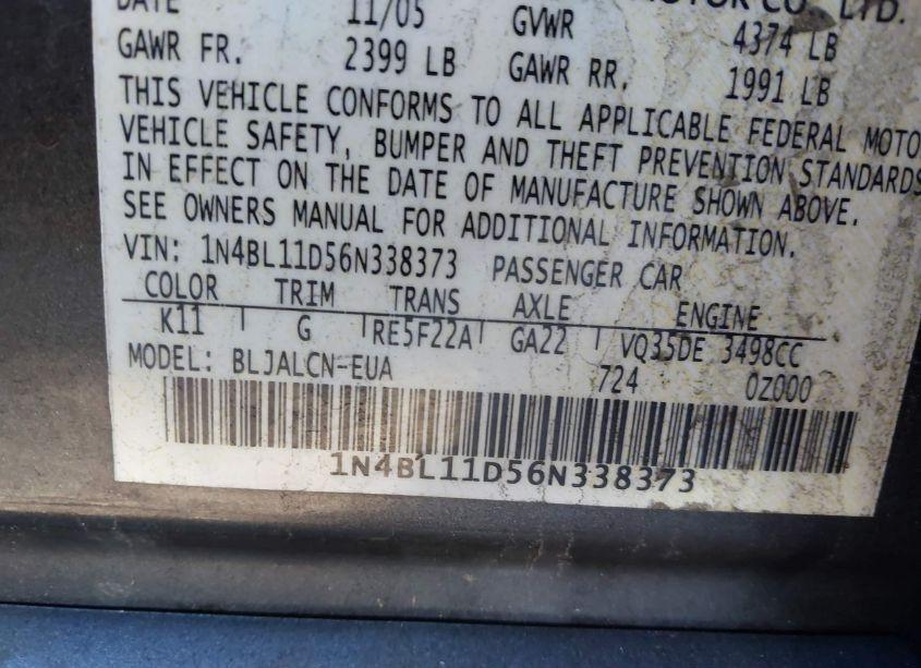 Photo 9 of 2006 Nissan Altima 3.5 SE (VIN 1N4BL11D56N338373)