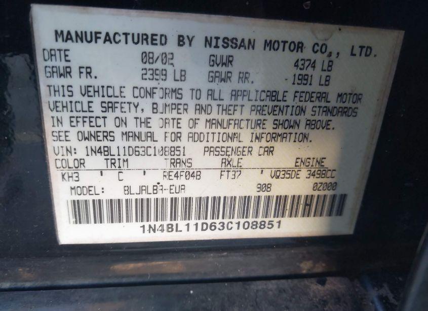 Photo 9 of 2003 Nissan Altima 3.5 SE (VIN 1N4BL11D63C108851)