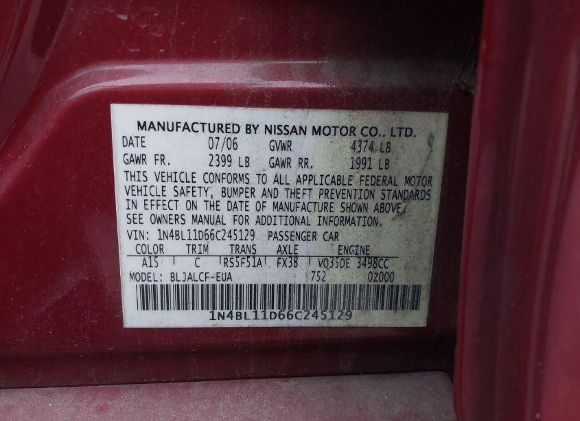Photo 9 of 2006 Nissan Altima 3.5 SE (VIN 1N4BL11D66C245129)