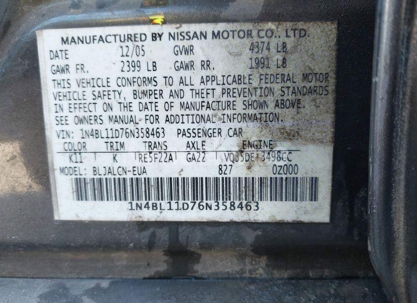 Photo 9 of 2006 Nissan Altima 3.5 SE (VIN 1N4BL11D76N358463)