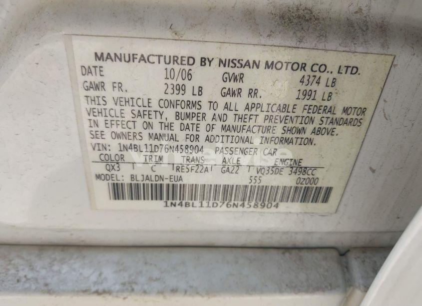 Photo 9 of 2006 Nissan Altima 3.5 SL (VIN 1N4BL11D76N458904)