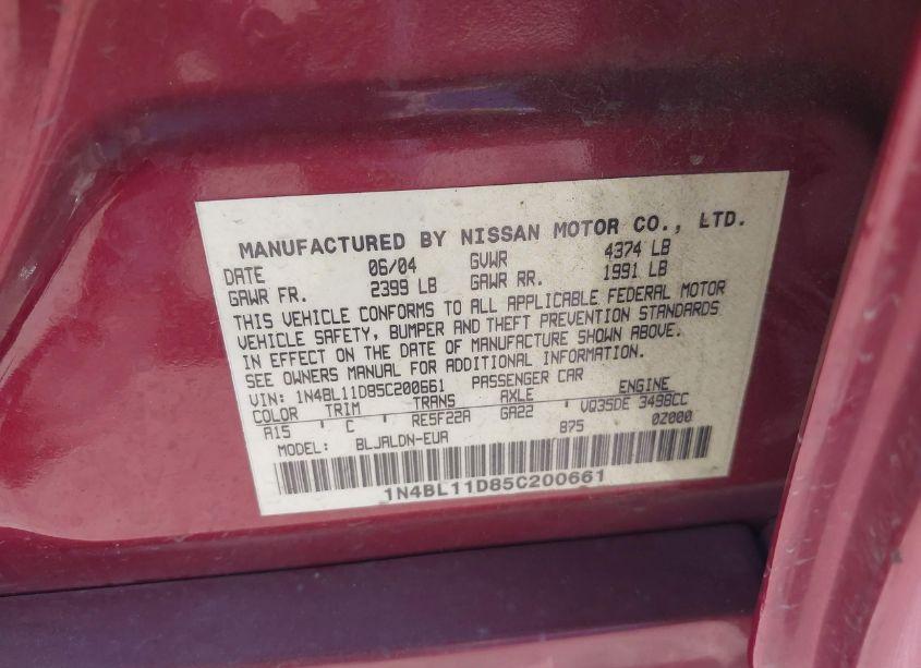 Photo 9 of 2005 Nissan Altima 3.5 SL (VIN 1N4BL11D85C200661)