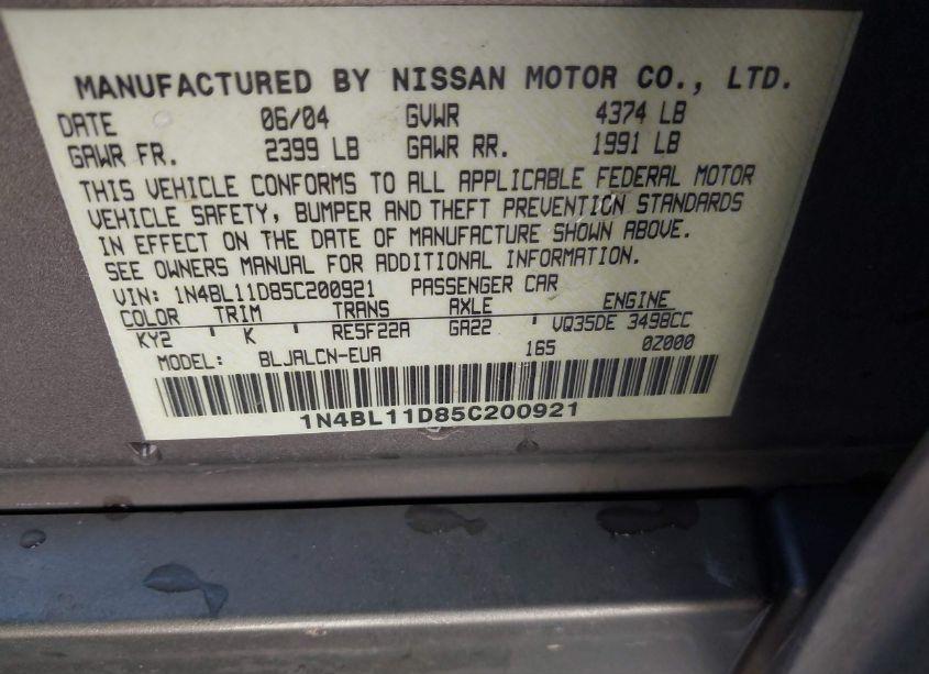 Photo 9 of 2005 Nissan Altima 3.5 SE (VIN 1N4BL11D85C200921)