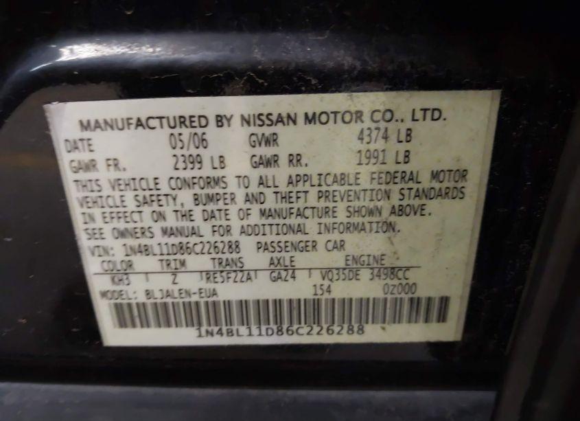 Photo 9 of 2006 Nissan Altima 3.5 SE-R (VIN 1N4BL11D86C226288)