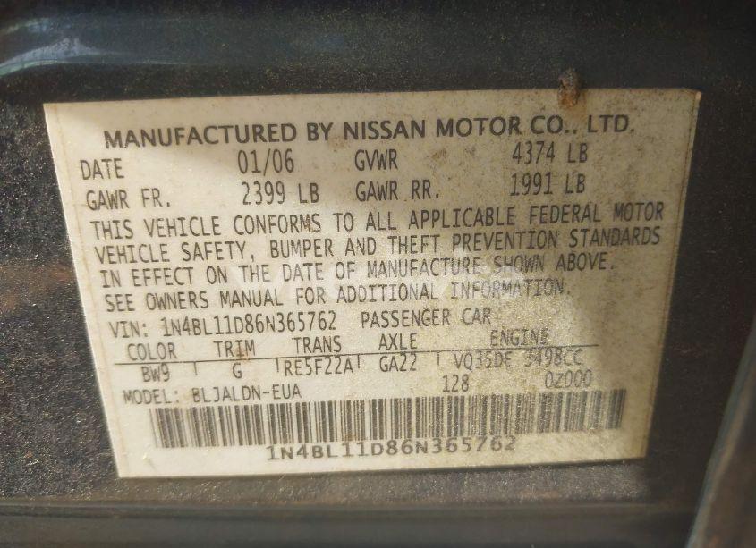 Photo 9 of 2006 Nissan Altima 3.5 SL (VIN 1N4BL11D86N365762)