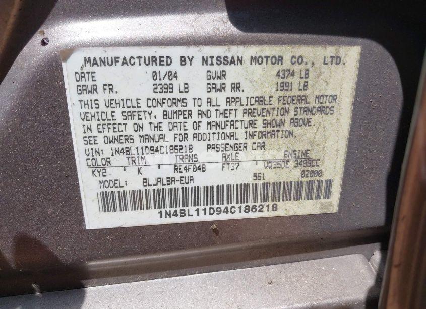Photo 9 of 2004 Nissan Altima 3.5 SE (VIN 1N4BL11D94C186218)