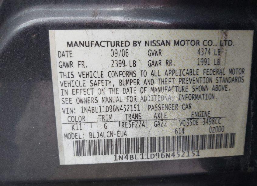 Photo 9 of 2006 Nissan Altima 3.5 SE (VIN 1N4BL11D96N452151)