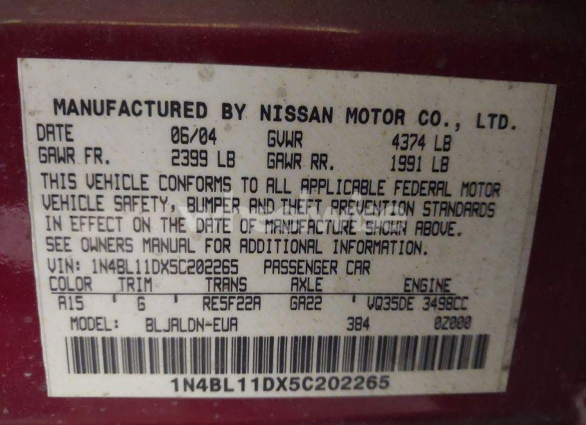 Photo 9 of 2005 Nissan Altima 3.5 SL (VIN 1N4BL11DX5C202265)