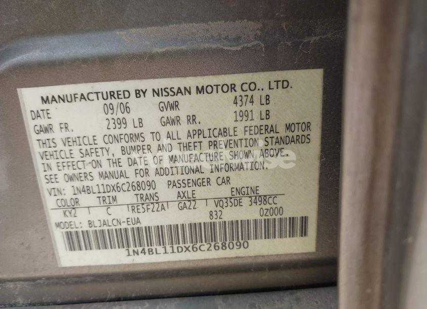 Photo 9 of 2006 Nissan Altima 3.5 SE (VIN 1N4BL11DX6C268090)