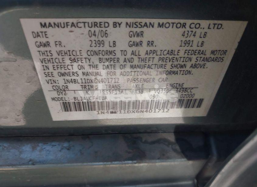 Photo 9 of 2006 Nissan Altima 3.5 SE (VIN 1N4BL11DX6N401712)