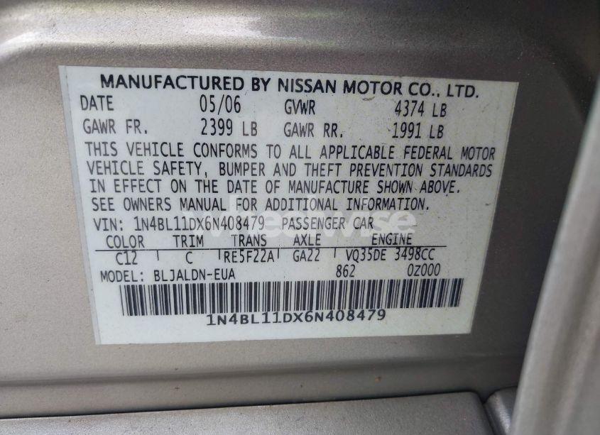 Photo 9 of 2006 Nissan Altima 3.5 SL (VIN 1N4BL11DX6N408479)