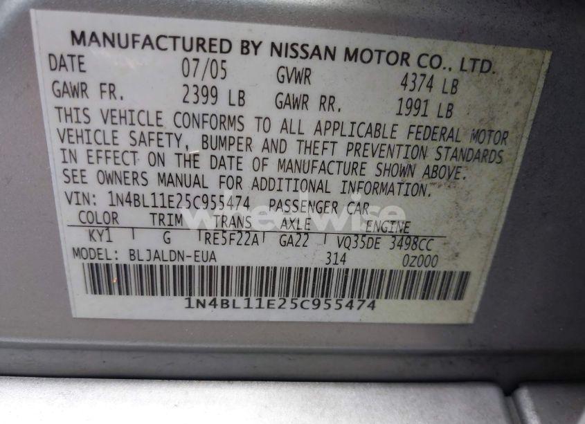 Photo 9 of 2005 Nissan Altima 3.5 SL (VIN 1N4BL11E25C955474)