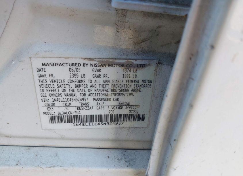 Photo 9 of 2005 Nissan Altima 3.5 SE (VIN 1N4BL11E45N924957)