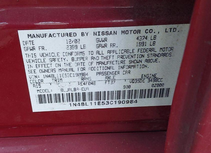 Photo 9 of 2003 Nissan Altima 3.5 SE (VIN 1N4BL11E53C190984)