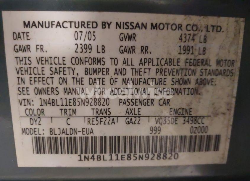 Photo 9 of 2005 Nissan Altima 3.5 SL (VIN 1N4BL11E85N928820)