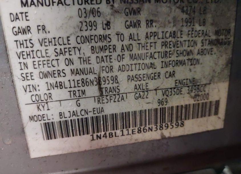 Photo 9 of 2006 Nissan Altima 3.5 SE (VIN 1N4BL11E86N389598)