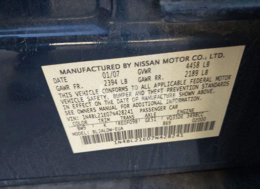 Photo 9 of 2007 Nissan Altima 3.5 SE (VIN 1N4BL21E07N428241)