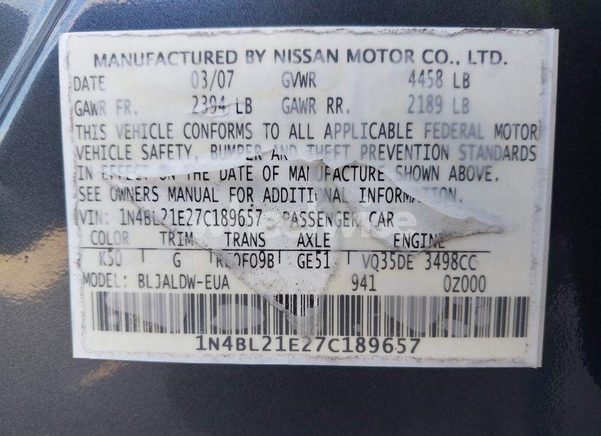 Photo 9 of 2007 Nissan Altima 3.5 SE (VIN 1N4BL21E27C189657)