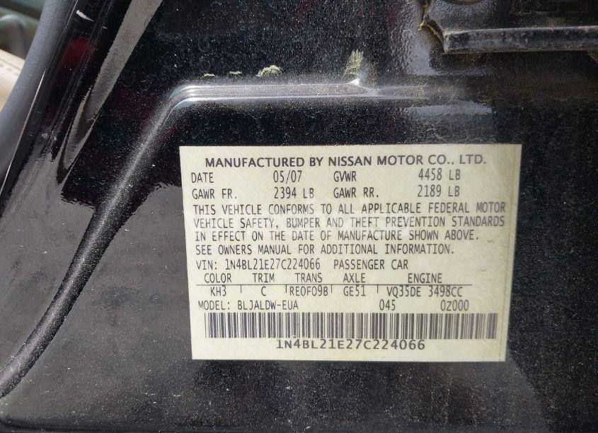 Photo 9 of 2007 Nissan Altima 3.5 SE (VIN 1N4BL21E27C224066)