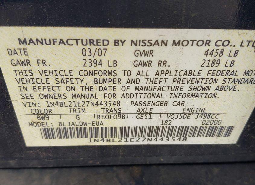 Photo 9 of 2007 Nissan Altima 3.5 SE (VIN 1N4BL21E27N443548)