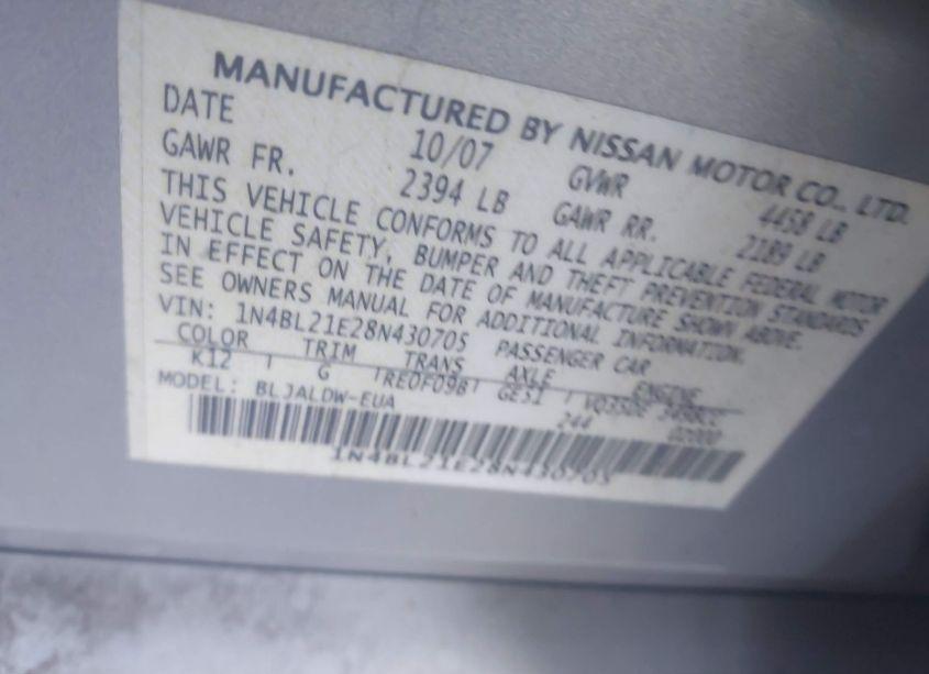 Photo 9 of 2008 Nissan Altima 3.5 SE (VIN 1N4BL21E28N430705)