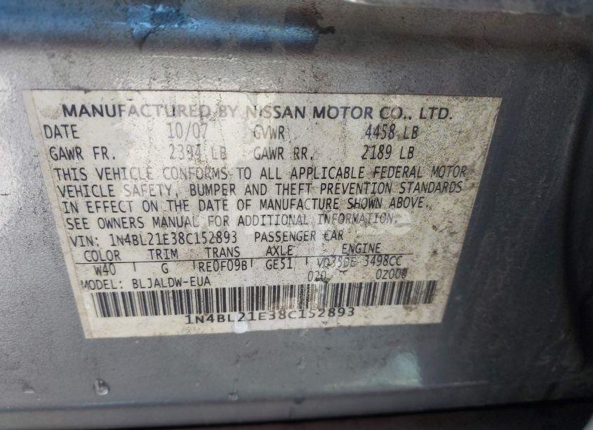 Photo 9 of 2008 Nissan Altima 3.5 SE (VIN 1N4BL21E38C152893)