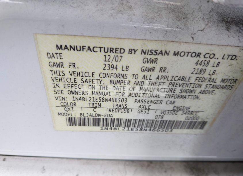 Photo 9 of 2008 Nissan Altima 3.5 SE (VIN 1N4BL21E58N466503)