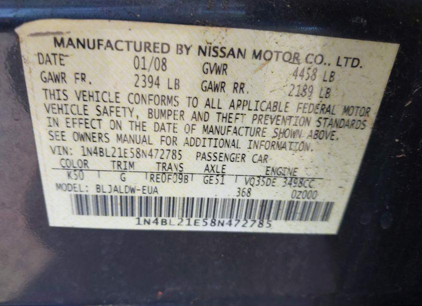 Photo 9 of 2008 Nissan Altima 3.5 SE (VIN 1N4BL21E58N472785)