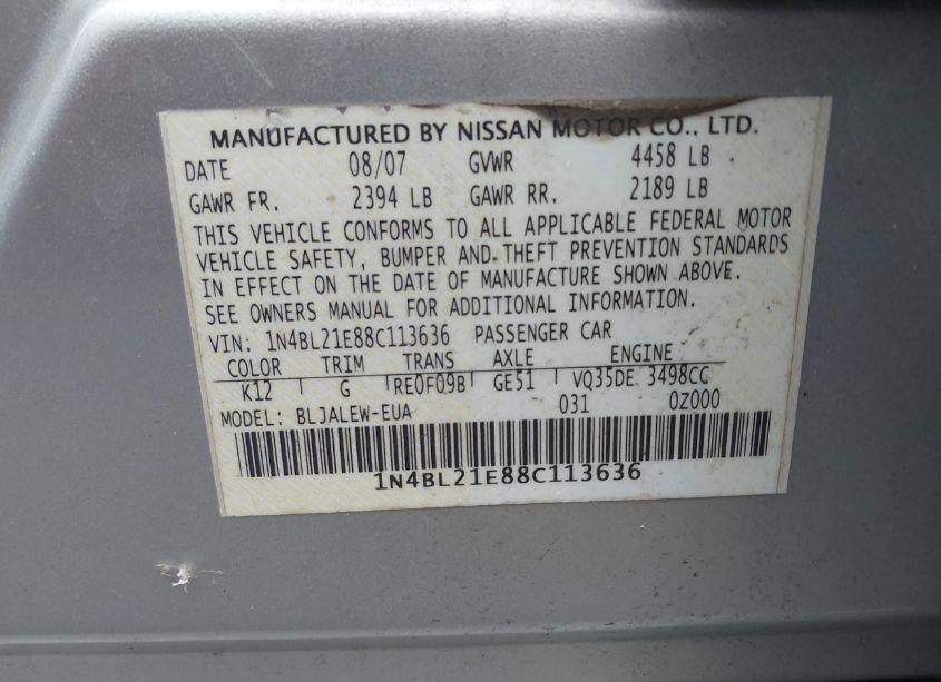 Photo 9 of 2008 Nissan Altima 3.5 SL (VIN 1N4BL21E88C113636)