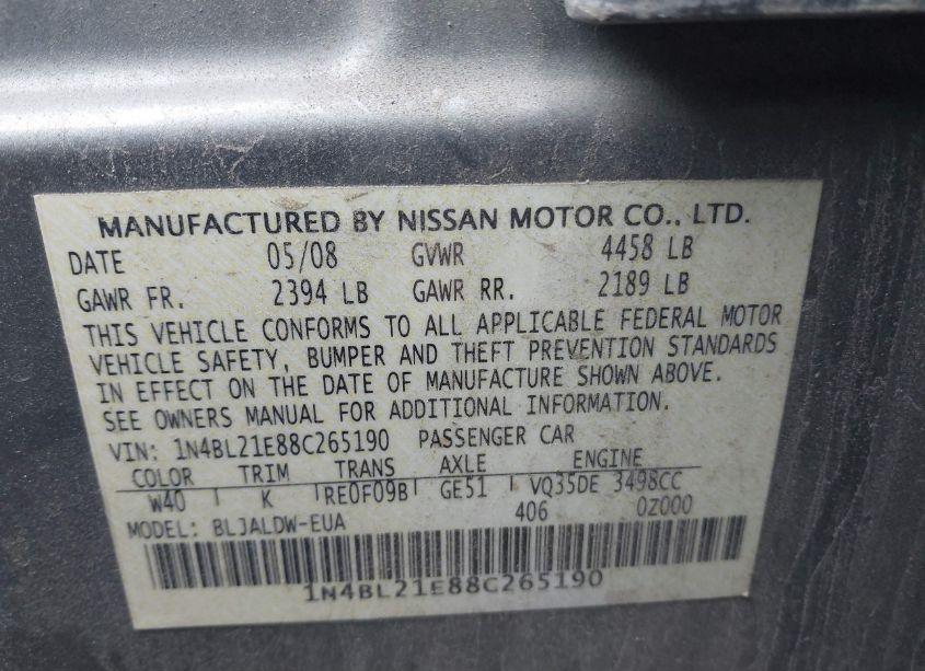 Photo 9 of 2008 Nissan Altima 3.5 SE (VIN 1N4BL21E88C265190)