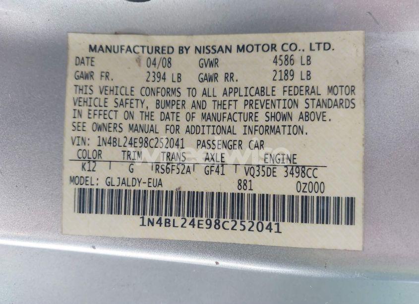 Photo 9 of 2008 Nissan Altima 3.5 SE (VIN 1N4BL24E98C252041)