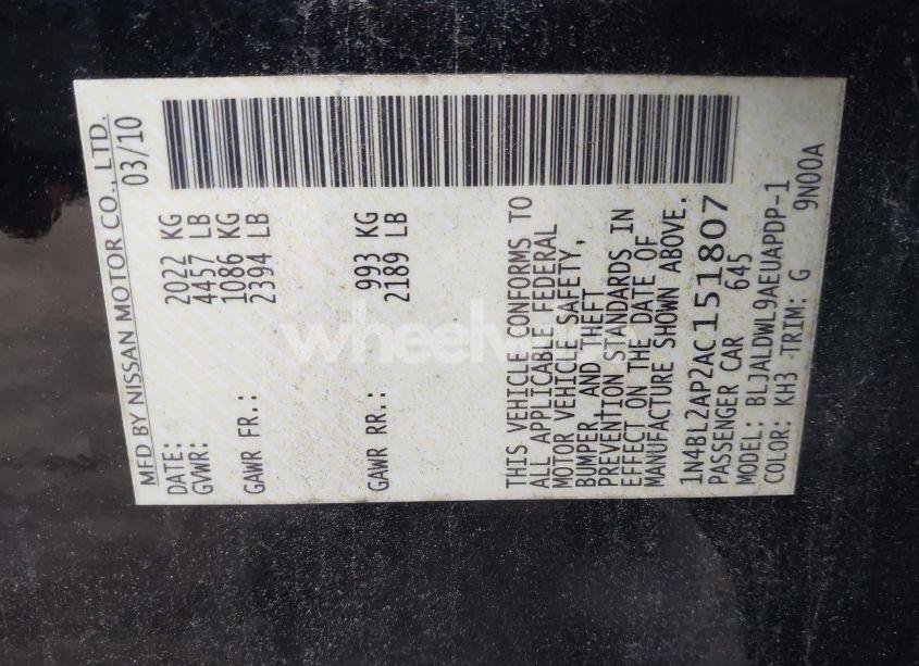 Photo 9 of 2010 Nissan Altima 3.5 SR (VIN 1N4BL2AP2AC151807)