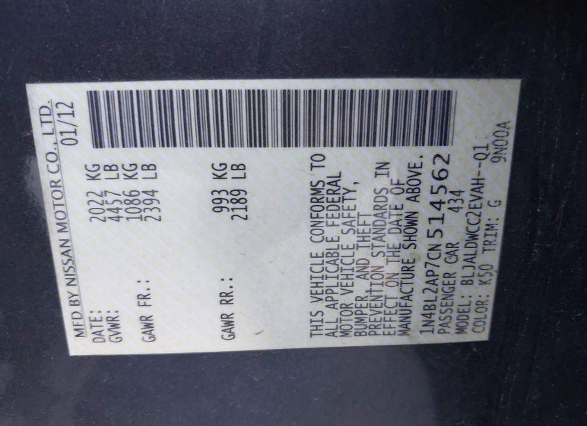 Photo 9 of 2012 Nissan Altima 3.5 SR (VIN 1N4BL2AP7CN514562)