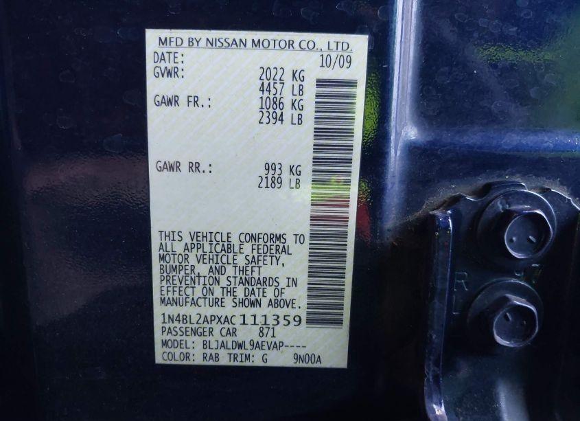 Photo 9 of 2010 Nissan Altima 3.5 SR (VIN 1N4BL2APXAC111359)