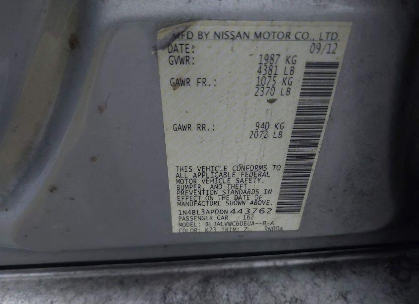 Photo 9 of 2013 Nissan Altima 3.5 SL (VIN 1N4BL3AP0DN443762)