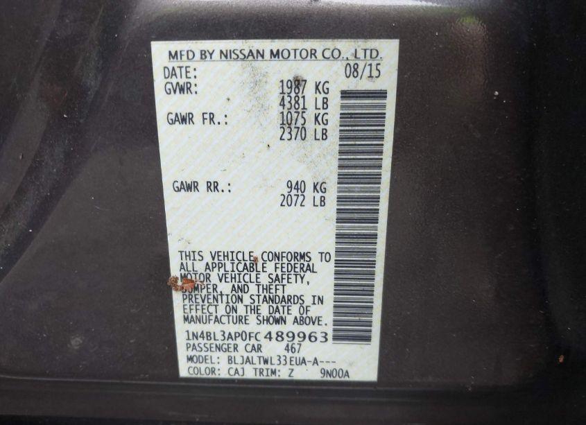 Photo 9 of 2015 Nissan Altima 3.5 S/3.5 SL/3.5 SV (VIN 1N4BL3AP0FC489963)