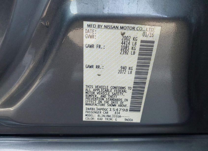 Photo 9 of 2016 Nissan Altima 3.5 SL/3.5 SR (VIN 1N4BL3AP0GC154798)