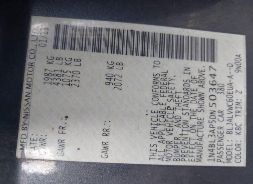 Photo 9 of 2013 Nissan Altima 3.5 SL (VIN 1N4BL3AP5DN503647)