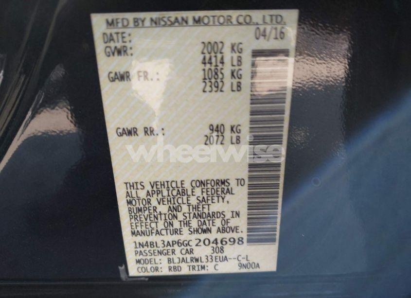 Photo 9 of 2016 Nissan Altima 3.5 SL/3.5 SR (VIN 1N4BL3AP6GC204698)