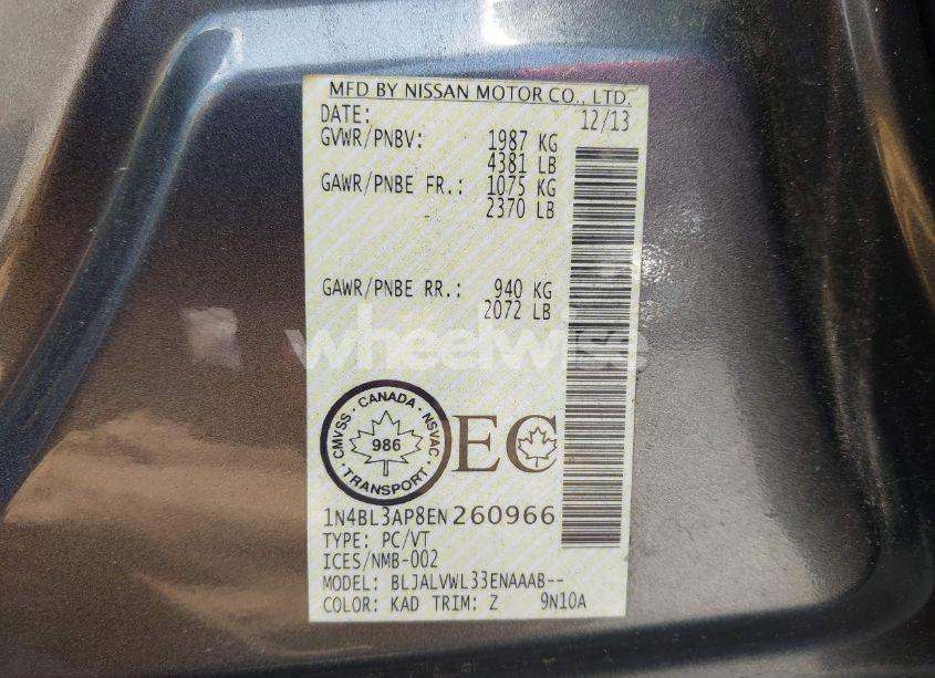 Photo 9 of 2014 Nissan Altima 3.5 S/3.5 SL/3.5 SV (VIN 1N4BL3AP8EN260966)