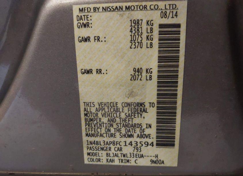 Photo 9 of 2015 Nissan Altima 3.5 SL (VIN 1N4BL3AP8FC143594)