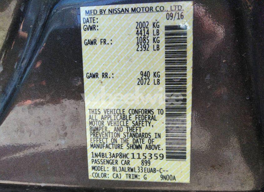 Photo 9 of 2017 Nissan Altima 3.5 SL/3.5 SR (VIN 1N4BL3AP8HC115359)