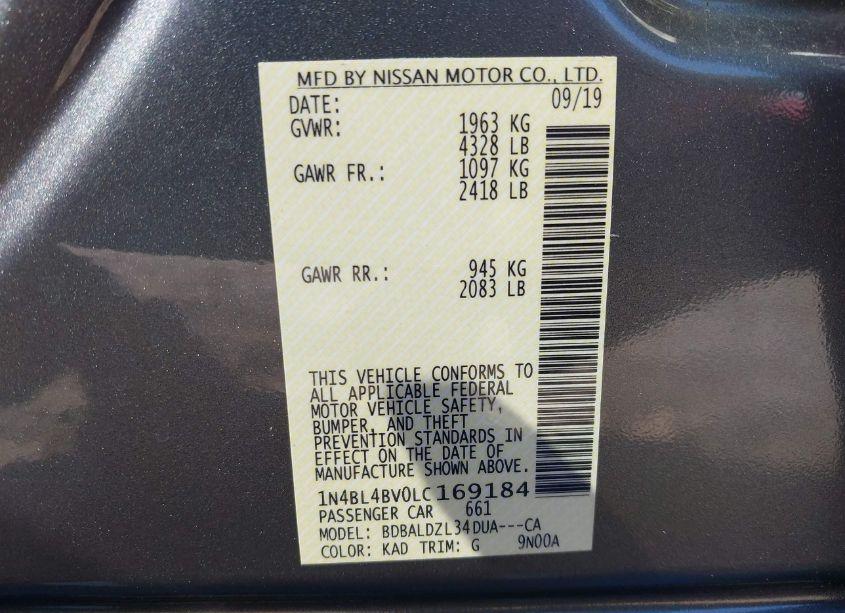 Photo 9 of 2020 Nissan Altima S FWD (VIN 1N4BL4BV0LC169184)