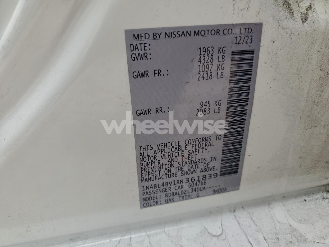 Photo 12 of 2024 NISSAN ALTIMA S (VIN 1N4BL4BV1RN361839)