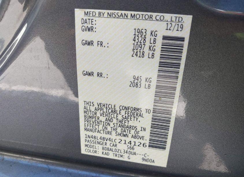 Photo 9 of 2020 Nissan Altima S FWD (VIN 1N4BL4BV4LC214126)