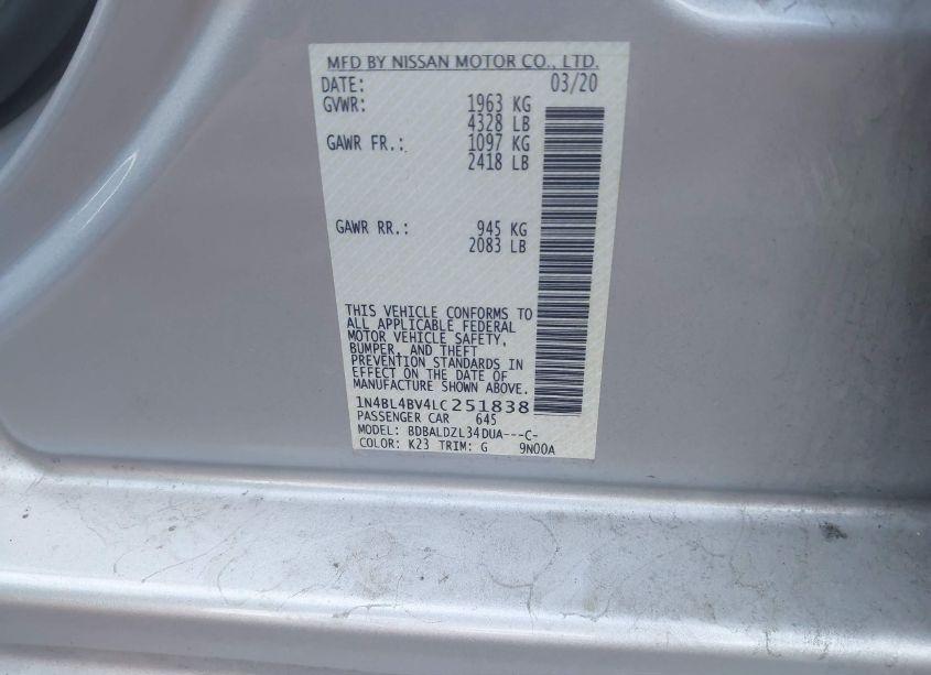 Photo 9 of 2020 Nissan Altima S FWD (VIN 1N4BL4BV4LC251838)